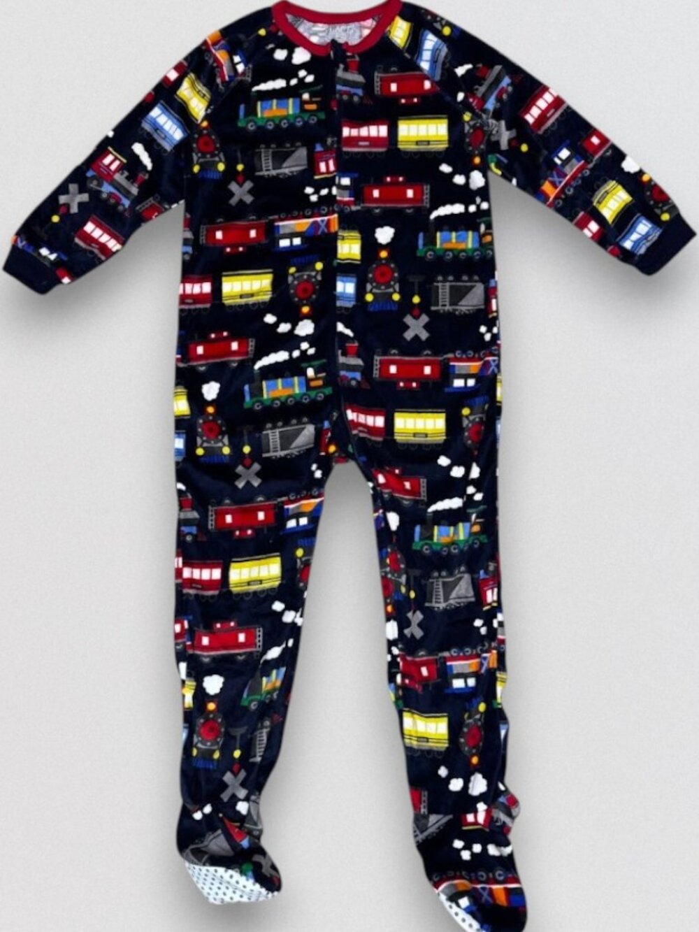 Train Print Footed Sleeper Pajamas 4T One Piece Zip Up Navy Plush Velour